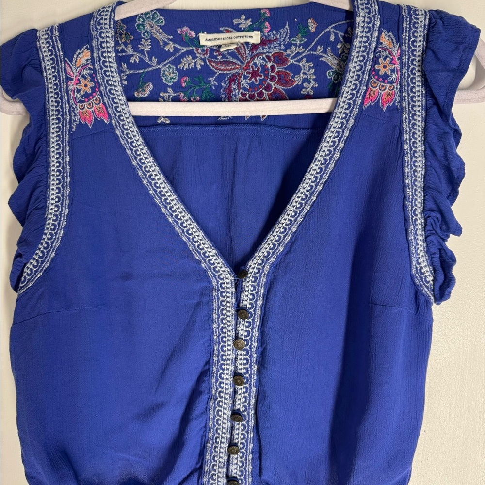 American Eagle Outfitters Royal Blue Embroidered Blouse